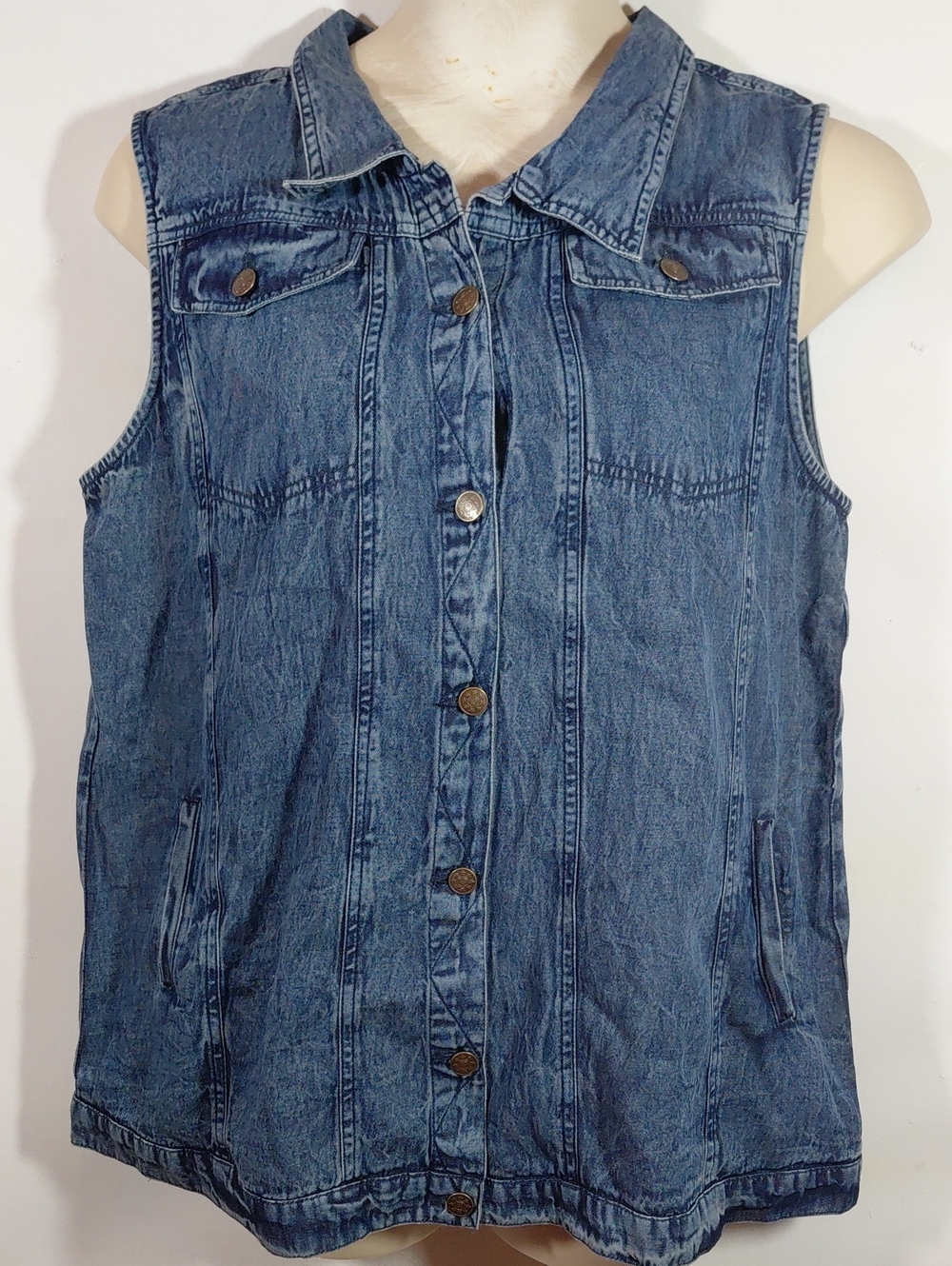 Skyline Collection Cotton Denim Button Down Sleeveless Jean Vest Blue LG
